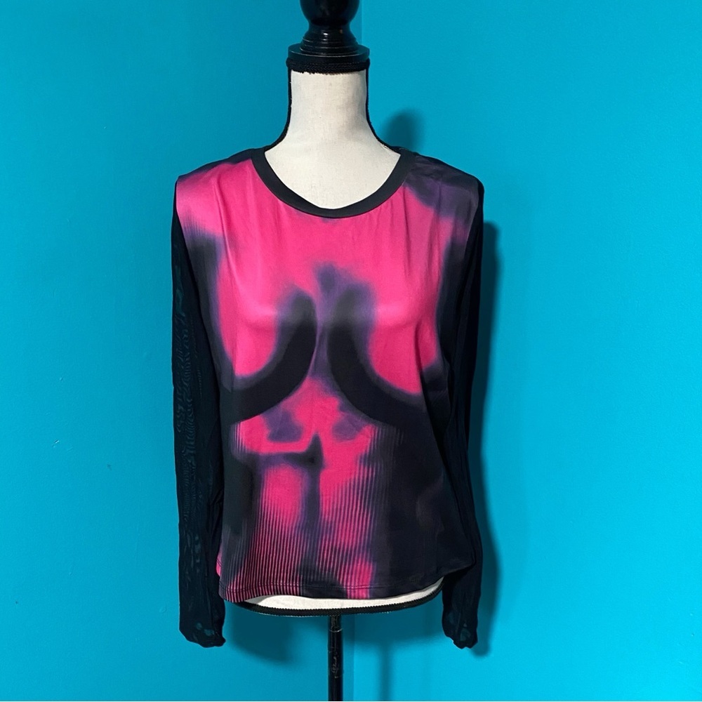 NWT Shein Curve 3X Pink Black Graphic Body Print Mesh Sleeve Top